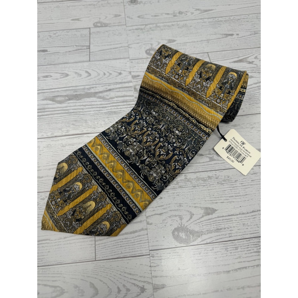 Daniel de Fasson Handmade Silk Necktie‎ Gold Black Patterned Classic New